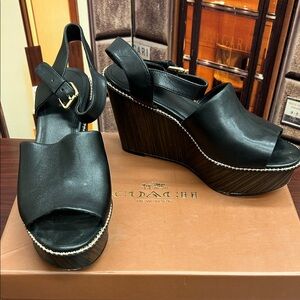 Coach Black Wedge Sandals with Silver Accents